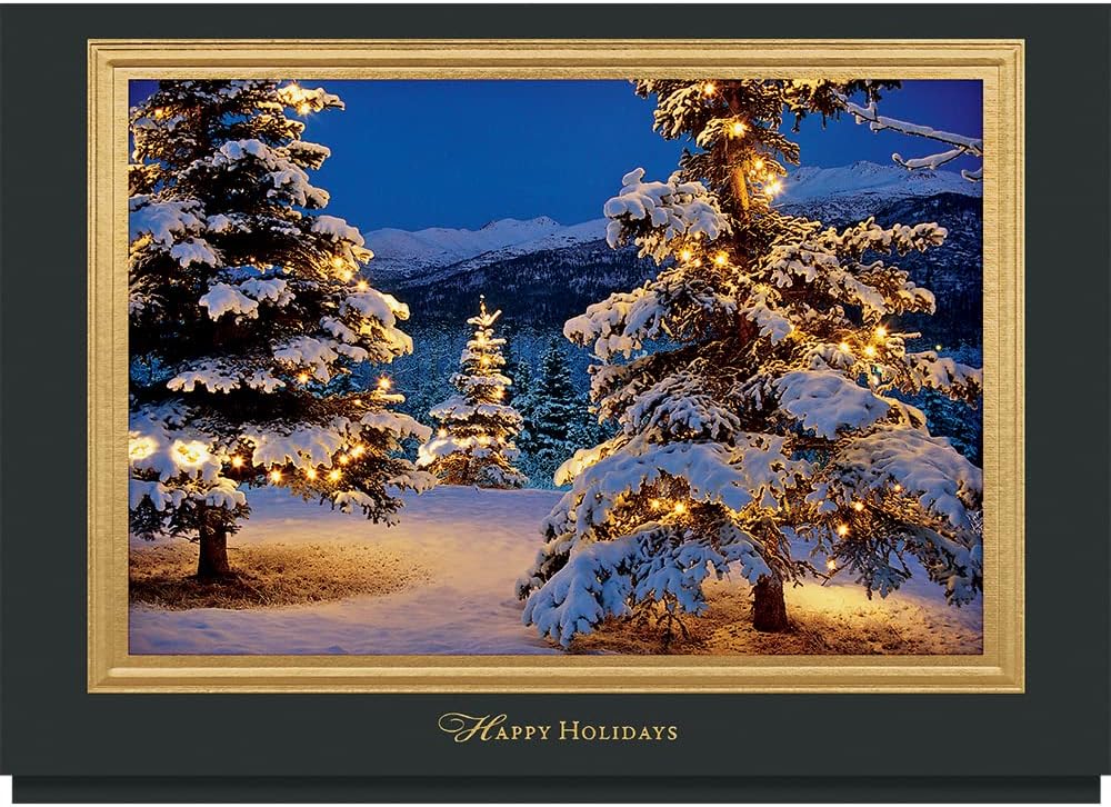 The Gallery Collection, 25 Personalized Christmas Cards with Foil-Lined Envelopes (Glowing Holiday Forest), For Business or Consumer