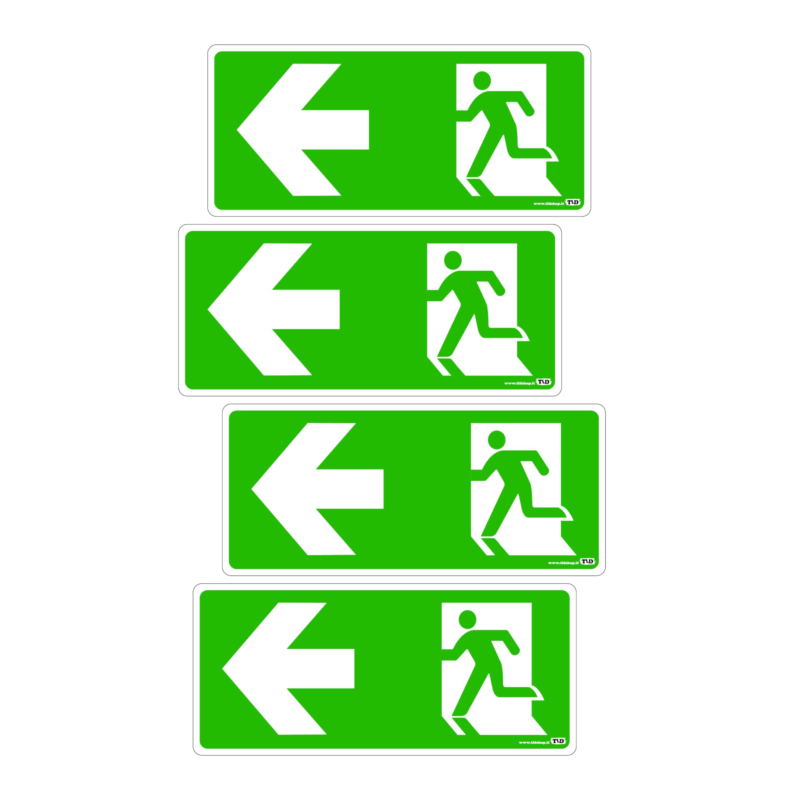 TLDSHOP® - 4 Pezzi Uscita di Emergenza - PVC Adesivo - Resistente per Esterno e Interno (Cm 29x13) - USCITA DI EMERGENZA - FRECCIA: (a SINISTRA)