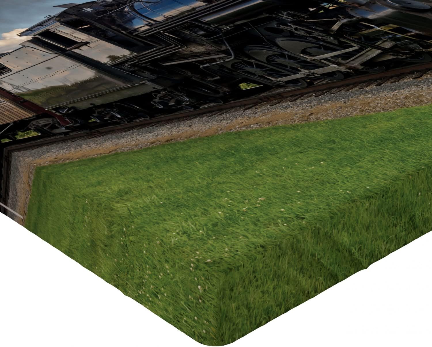 Ambesonne Steam Engine Fitted Sheet, Vintage Locomotive in Countryside Scenery Green Grass Puff Train Picture, Soft Decorative Fabric Bedding All-Round Elastic Pocket, Queen Size, Green Blue Queen Green Blue