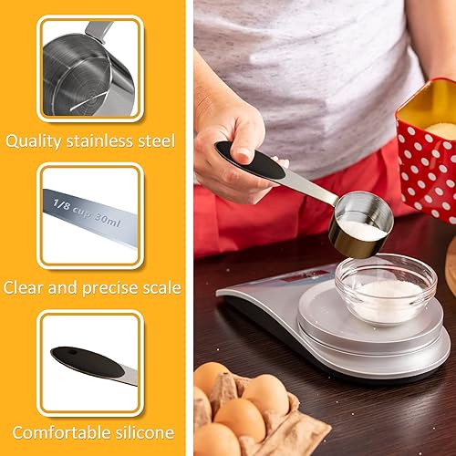 Vista 22 de 1 taza medidora individual de 3/4 tazas (6.0 fl oz, 6 onzas) con agarre de silicona negra, cucharada individual de acero inoxidable