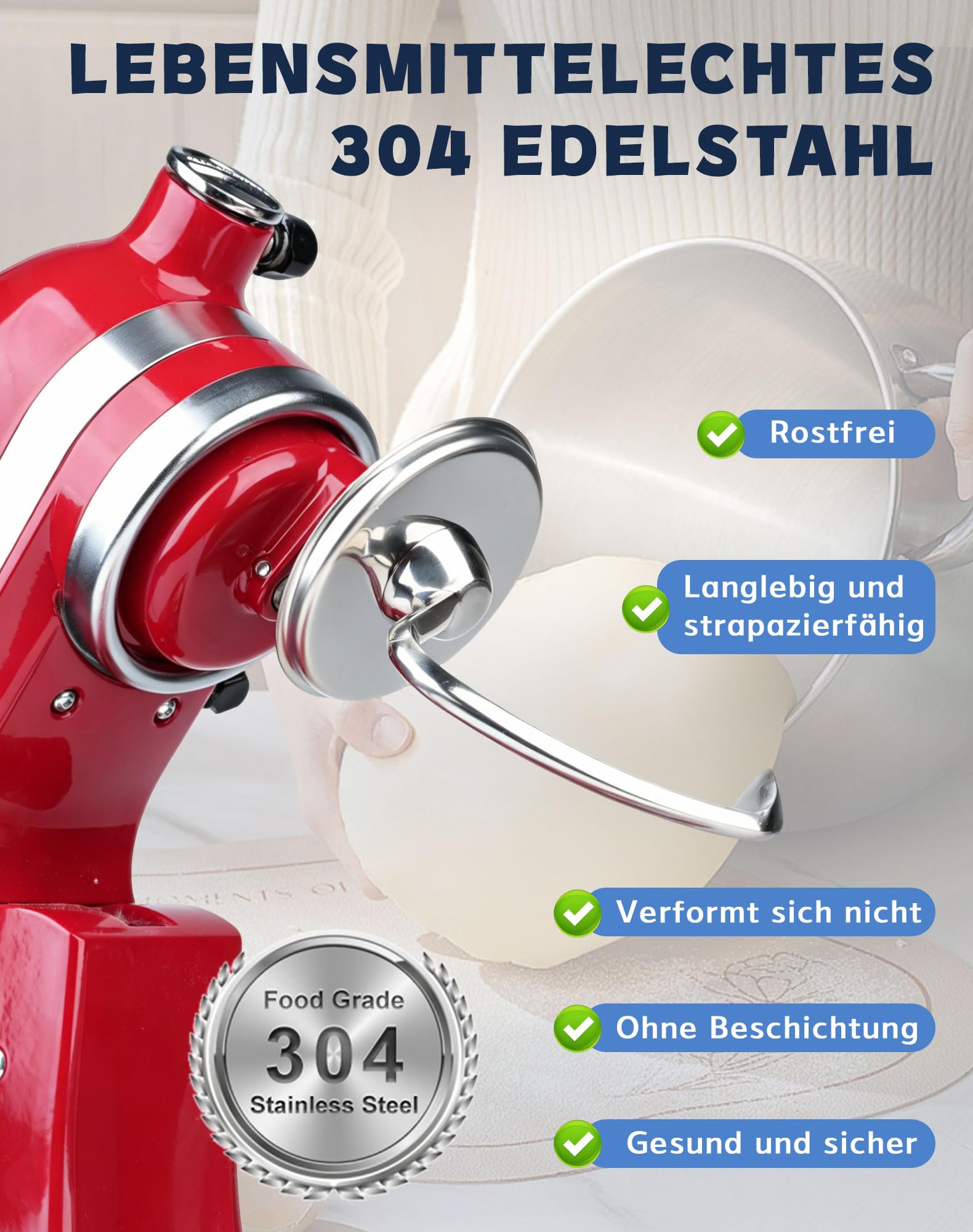 Knethaken für Kitchenaid 4.5/5QT Edelstahl Knethaken, Teigpeitsche für Standmixer, Artisan Rührhaken Geeignet für KSM150 K45 K45SS KSM75 KSM175 Ersatz, Spülmaschinenfest