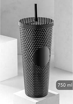 750 ml Kapaklı ve Pipetli Soğuk İçecek Bardağı – Mor Kristal Desenli Seyahat Kupası, Termal Yapı, Buzlu Doku, Buzlu Kahve Smoothie Bardak Taşınabilir Yazlık Plastik Bardak (Siyah)