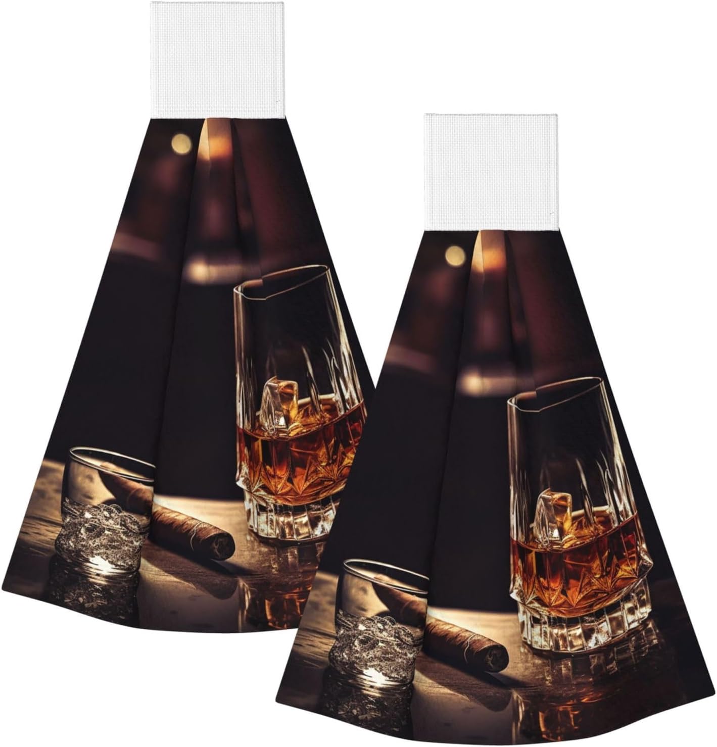 Whisky and Cigar Hand Towel Hanging Kitchen Towel Soft Coral Velvet Towel Super Absorbent Tie Towel with Hanging Loop Washcloth Towels for Washing face Funny Kitchen Towels 2PCS
