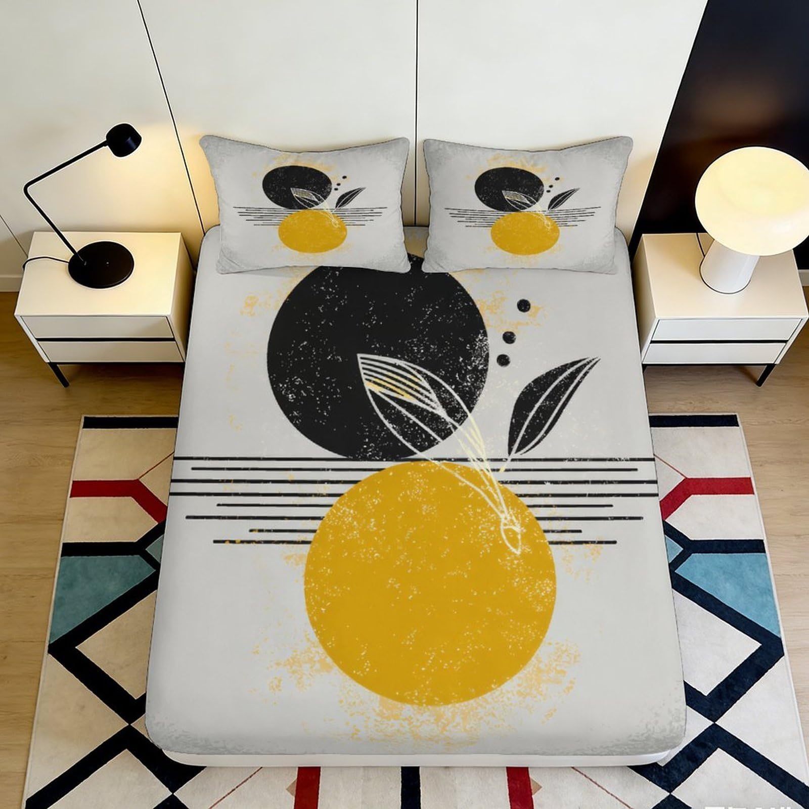 3D Printed Abstract Yellow Sun Fitted Sheet Microfiber Modern Black Geometric Mattress Cover for Bedroom Guestroom Decor 90x200x25cm