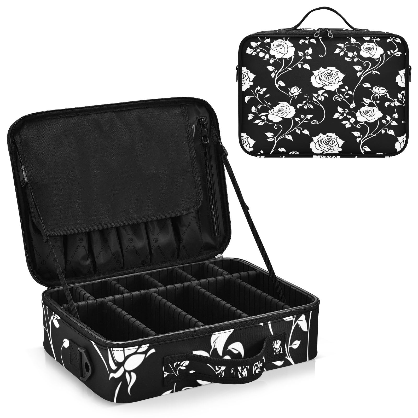 zyrtty Travel Makeup Train Case Rose Flower Black White Pattern Cosmetic Organizer Portable Storage Bag with Adjustable Dividers for Cosmetics Brushes Toiletry Jewelry Digital Accessories