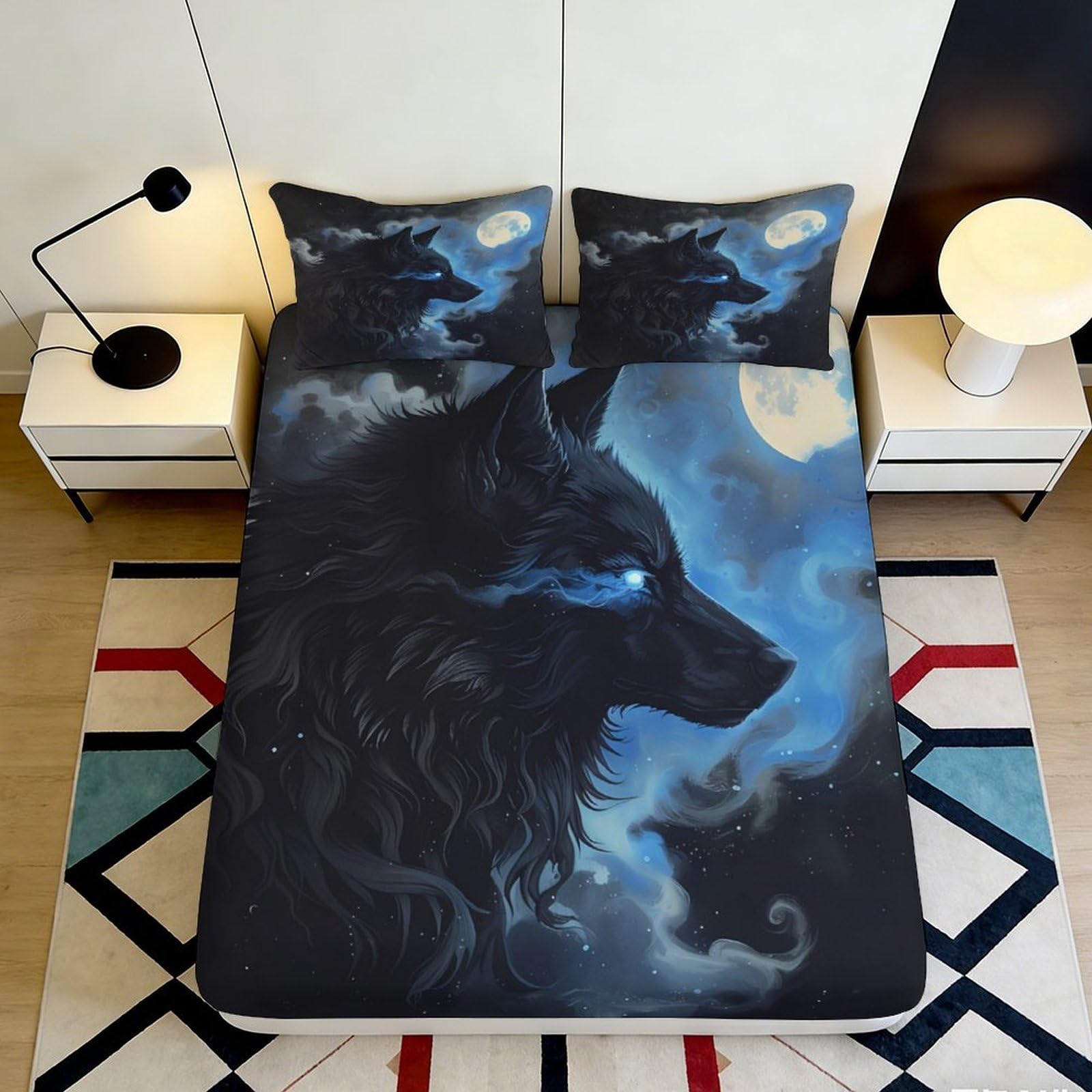 Pnayamiorkfel Style-8 3D Printed Black Wolf Moon Fitted Sheet Microfiber Soft Mattress Cover For Bedroom Dorm Mattress Protection Decor 90X200x25cm