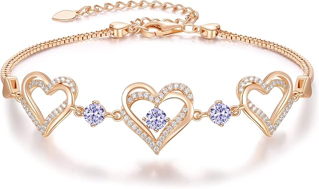 CDE Birthstone Bracelets for Womens,Sterling Silver 925 Bracelet Adjustable with Heart,Jewellery for Women,Wedding Anniversary Birthday Gifts for Girls Wife Girlfriend