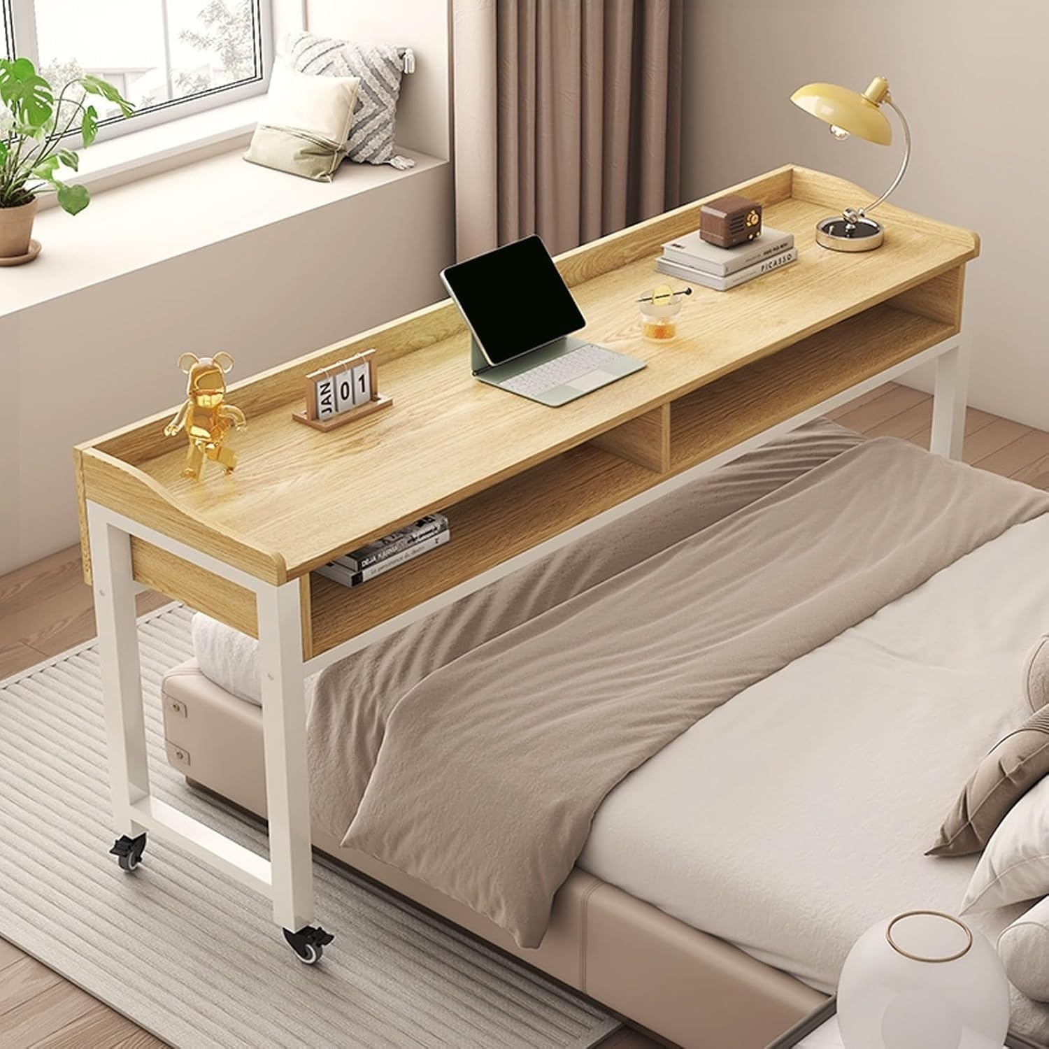 Mesa de cama con ruedas, escritorio móvil con almacenamiento, mesita de noche para laptop, estación de trabajo para dormitorio, ideal para trabajar y escribir