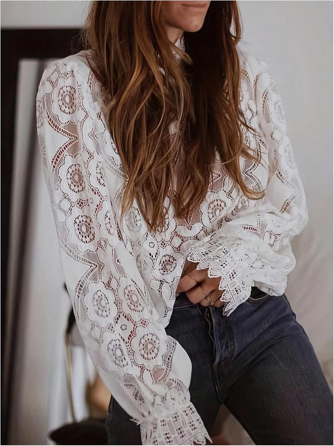 GORGLITTER Women's Flower Embroidered Fall Tops Dressy Casual Flounce Long Sleeve Shirts Hollow Out Mock Neck Blouses - Image 3