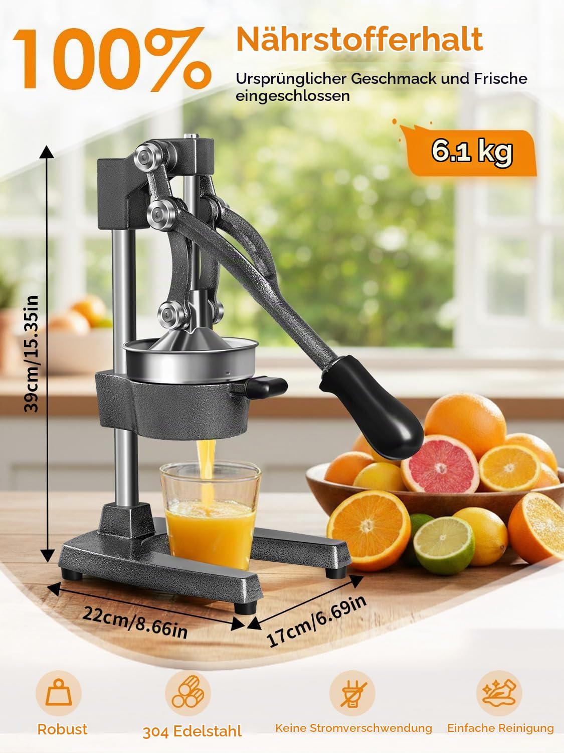 Viugreum Profi Saftpresse manuell aus Gusseisen – Schwere Hebel-Zitruspresse mit 9cm XL-Öffnung, Hochwertiger Entsafter manuell für Orangen & Granatäpfel, Edles Design für Gastro & Küche