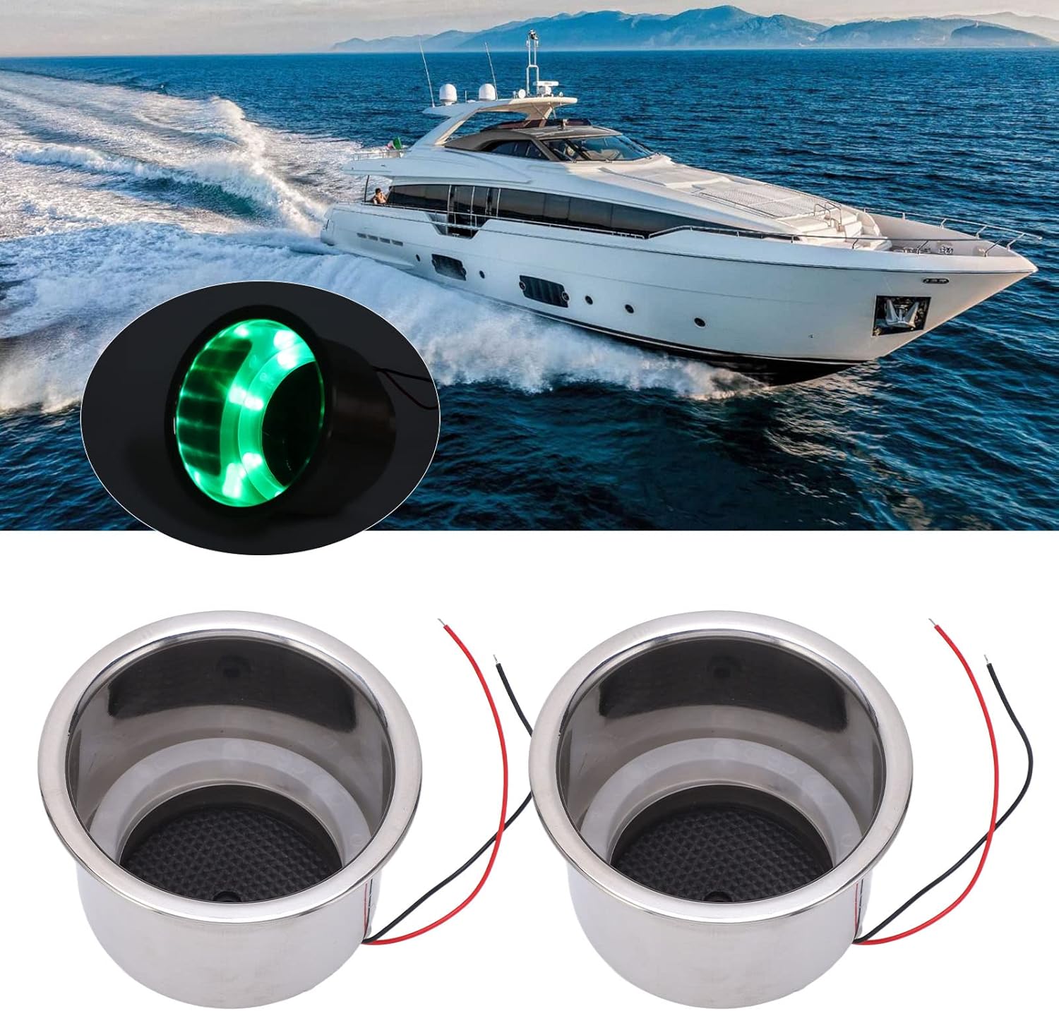 Akozon Luminous Cup Holder Insert, 2Pcs 8 LEDs Drink Holder With Draining Hole for Marine Boat Car (Green LED)