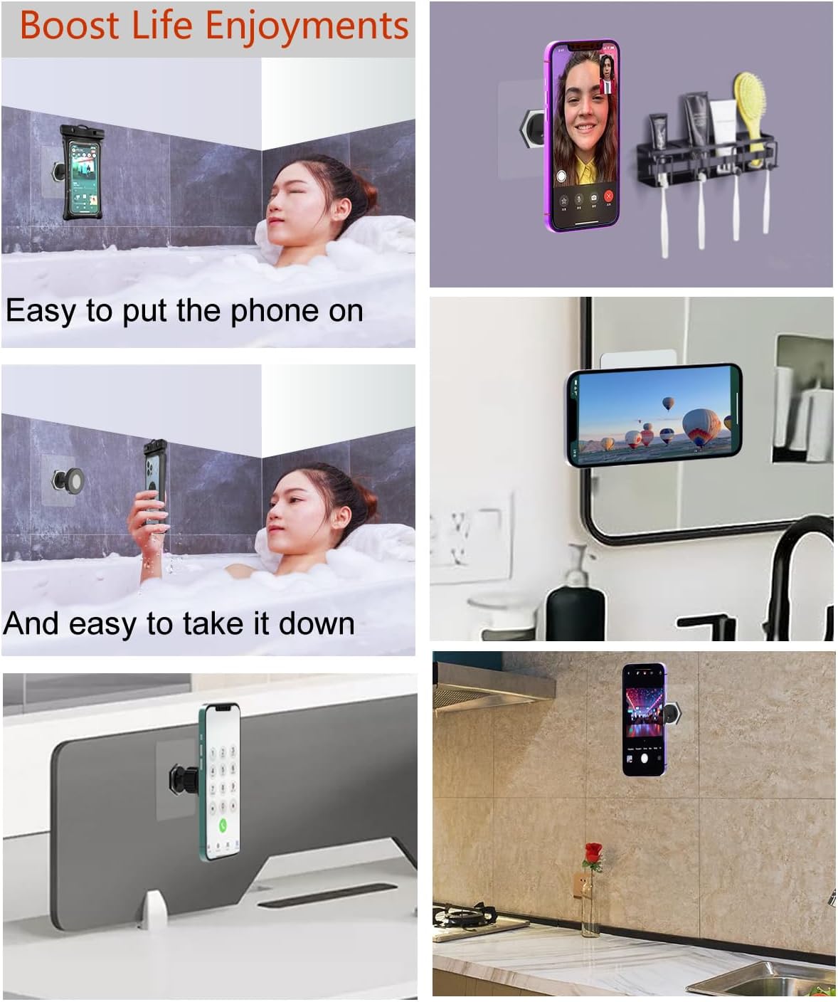 OCEANLOVE for MagSafe Wall Mount Magnetic Phone Holder, 2 Pack, Self-Adhesive, Rotatable Ball,Waterproof, Compatible with iPhone 17/16/15/14/13/12, Shower Mirror Gym Bathroom Kitchen (Black)