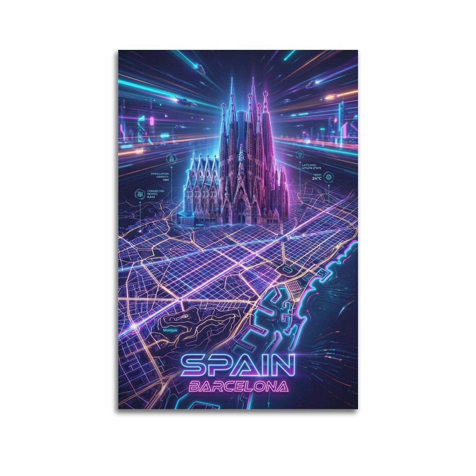 XKUGA Barcelona Spain Future City Neon Travel Poster Modern Decorative Canvas Prints - Ideal Wall Art for Family, Man Cave, Game Room, Boys & Girls Bedroom 16x24inch(40x60cm)