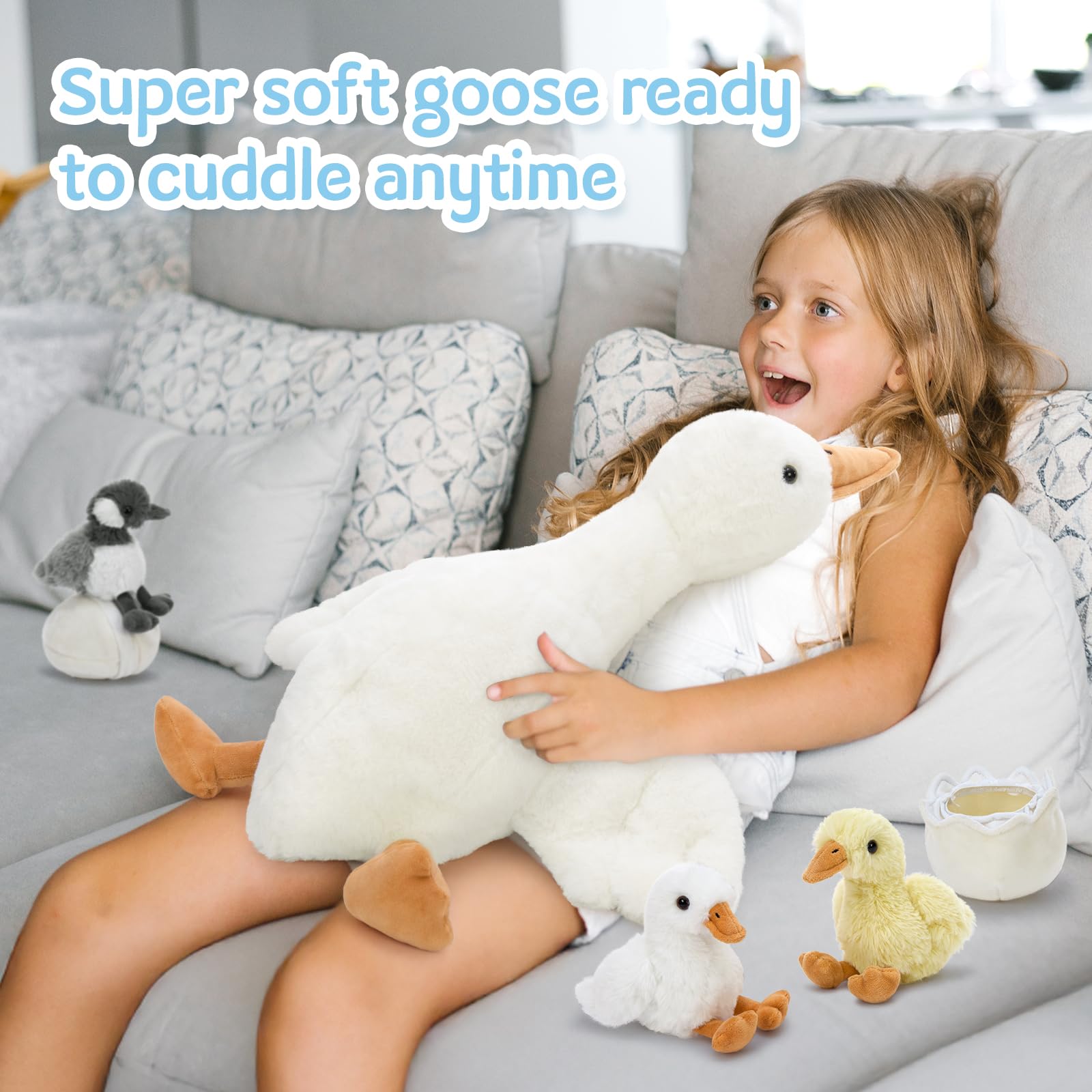 MorisMos riesen Gans Kuscheltier XXL mit 3 Babys im Bauch, 60cm lang groß Plüsch Ente Stofftier Plüschtier, Gänse gooseteddy Geburtstag Weihnachten Geschenk Kinder