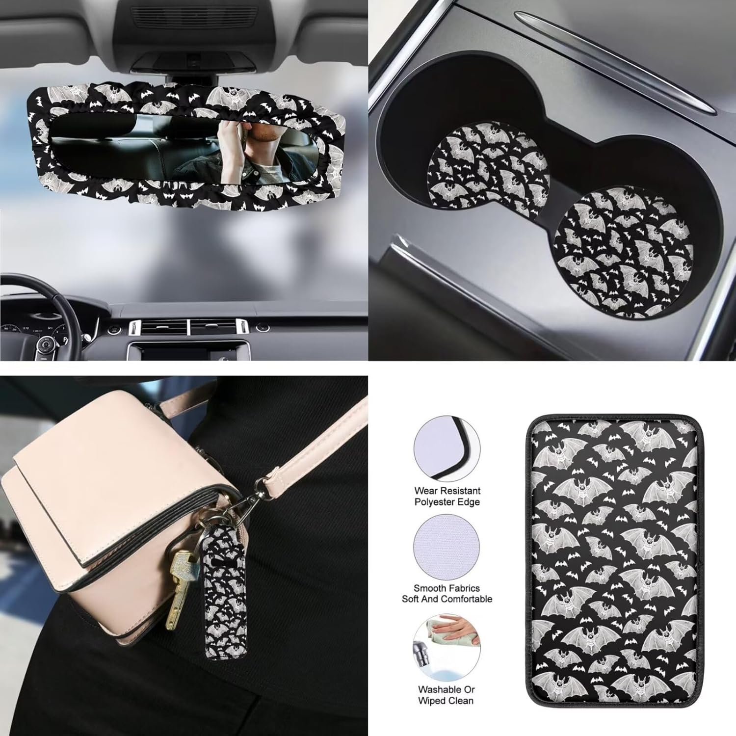 15 Pcs Bat Print Car Seat Cover Full Sets, Car Front Rear Seat Cover Steering Wheel Cover Armrest Pads Seat Belt Pads Car Headrest Cover Coaster, Universal Fits for Most Cars SUV Truck Sedan