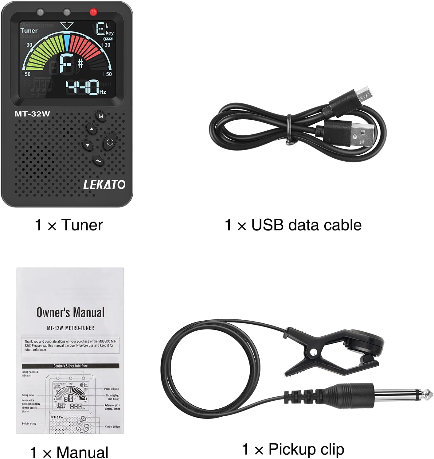 Tuner mode display showing in-tune, flat, and sharp indications