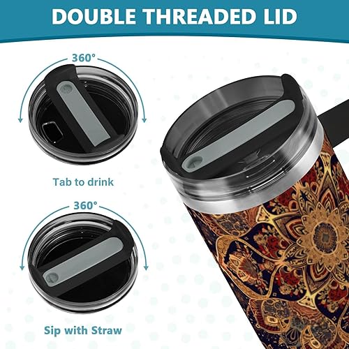 Miniatura 5 de Botellas de agua de primavera de boca ancha al vacío con diseño de mandala de estilo bohemio, con pajilla, resistente a las fugas, taza decorativa