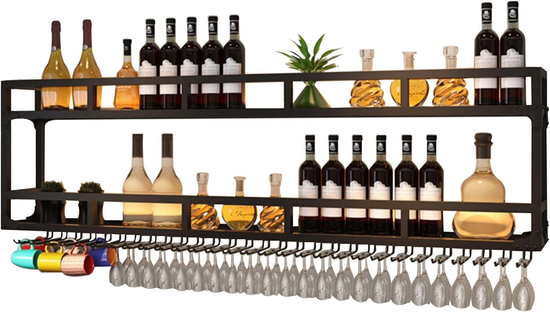 Wall Wine Rack Floating Bar Shelves Wall Mounted with LED Light Liquor Bottle Display Shelf with Hanging Wine Glass Rack Kitchen Wall Shelf Liquor Cabinet Bar Stand for Home Bar Cafe Restaurant(Black,