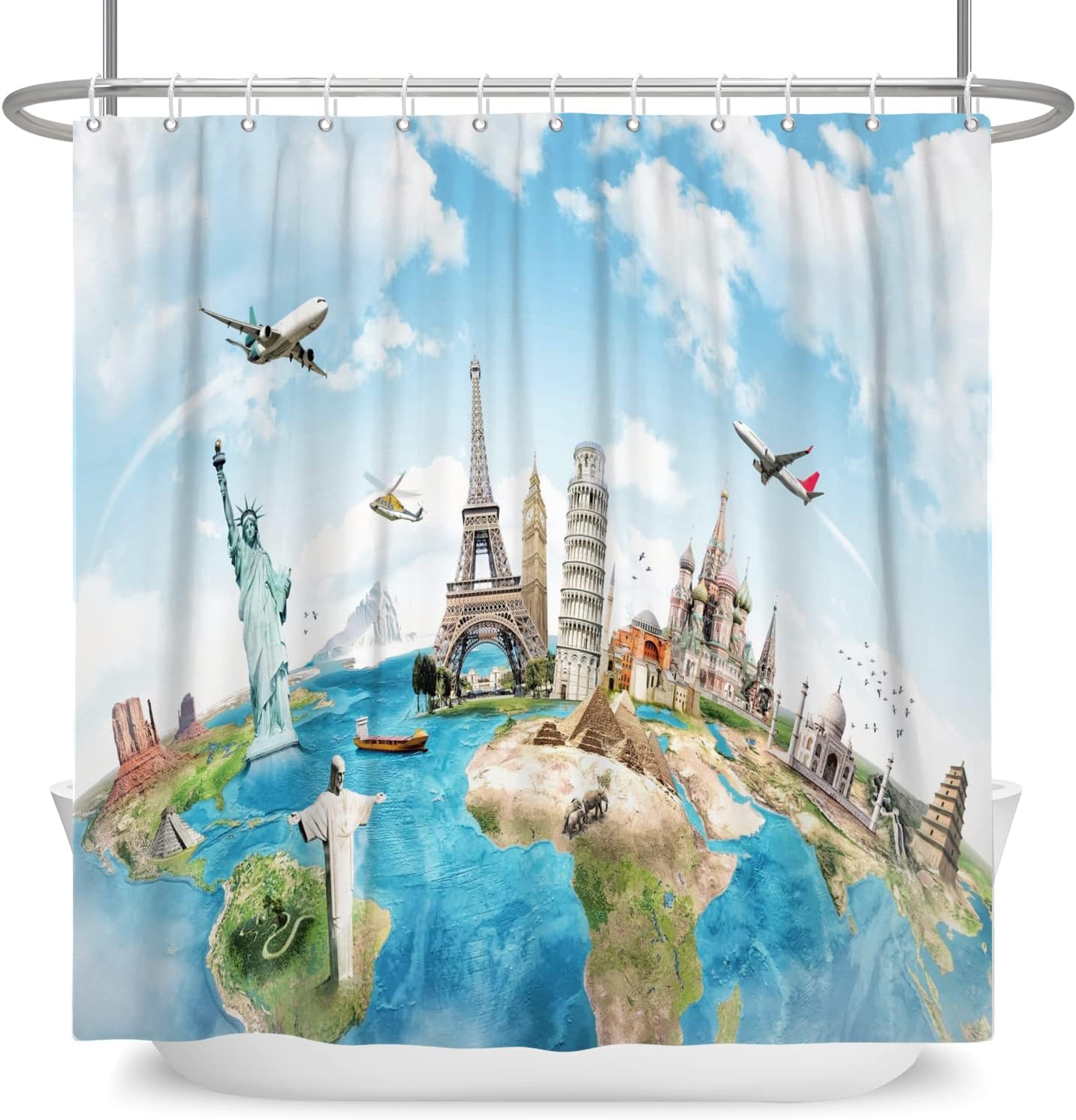 Worldwide Travel Shower Curtains World Map Famous Landmark Adventure Awaits Machine Washable Waterproof Fabric Bathroom Decor Curtains Set with Hooks, 72x72 Inch