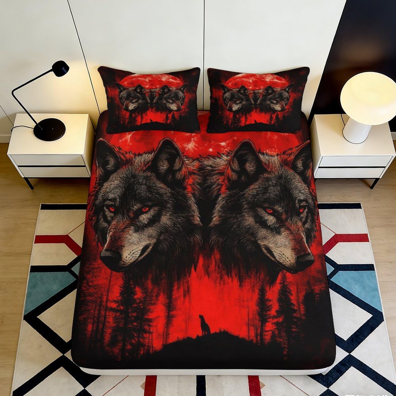 3D Printed Wolf Forest Fitted Sheet Microfiber Red Black Mattress Cover for Bedroom Dorm Decor Easy Care 90x200x25cm
