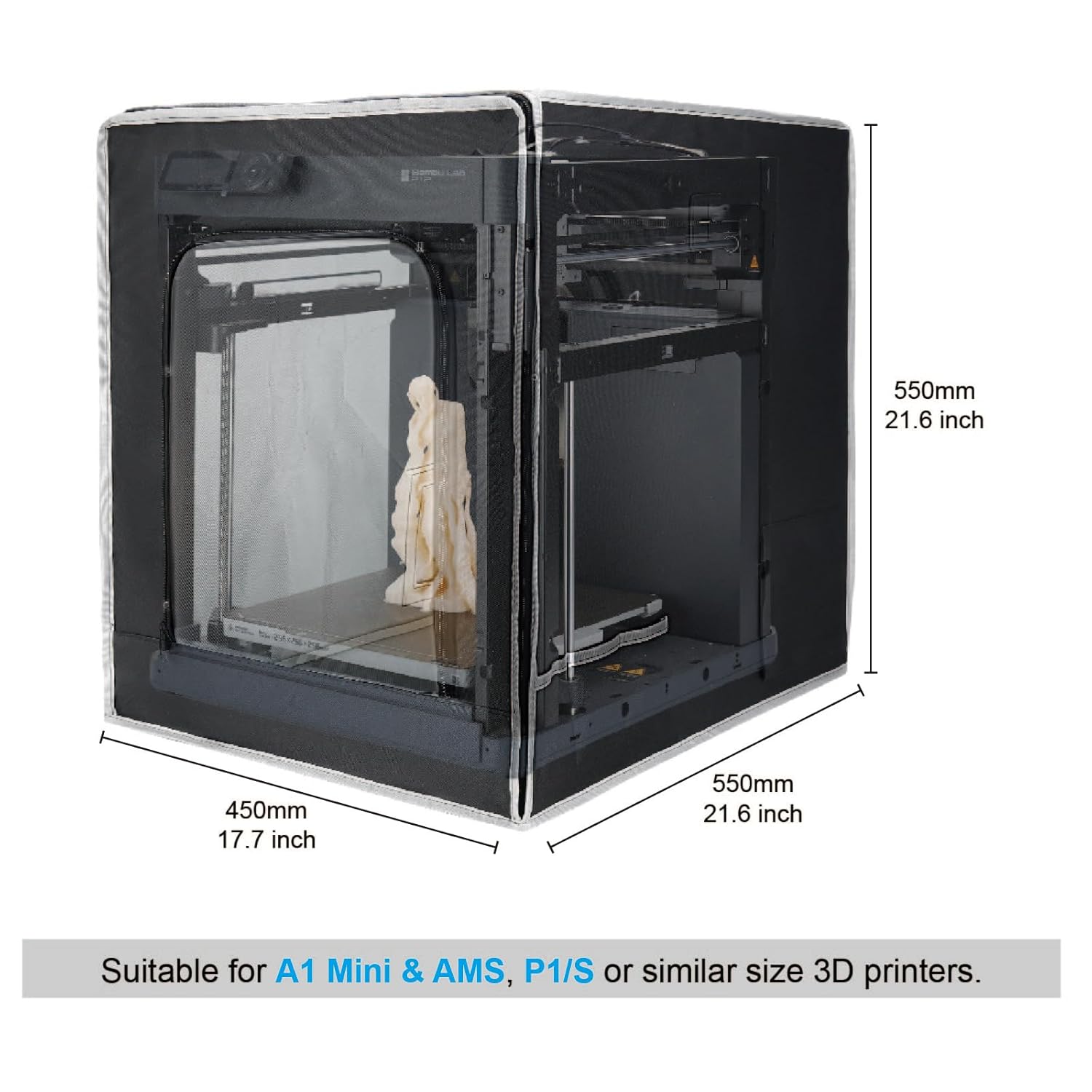 3D Printer Enclosure Cover for A1 Mini & P1, 18x22x22" 12V DC Fan with Speed Control & Exhaust Hose – Heat Retention, VOC Removal for ABS/PETG/PLA Printing