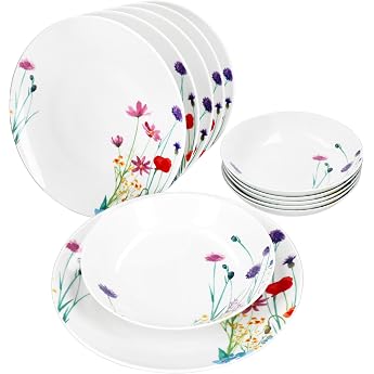 MamboCat Marie 12-Piece Dinner Service Porcelain Crockery with Flower Meadow Decor for 6 People 6 x Soup Plates and 6 x Dinner Plates for Breakfast Lunch and Dinner
