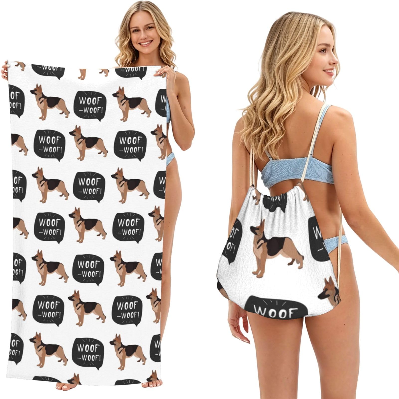 Poadnly As Picture Dog German Shepherd, 2 In 1 Packable Towel Bag, Beach Towels With Drawstring Backpack For Travel Holiday Camping