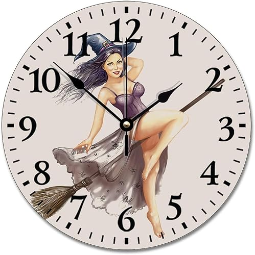 Miniatura 5 de ArogGeld Pinup - Reloj de pared para niña, reloj de madera de bruja de Halloween, 10, silencioso, sin tictac, funciona con pilas, para sala de