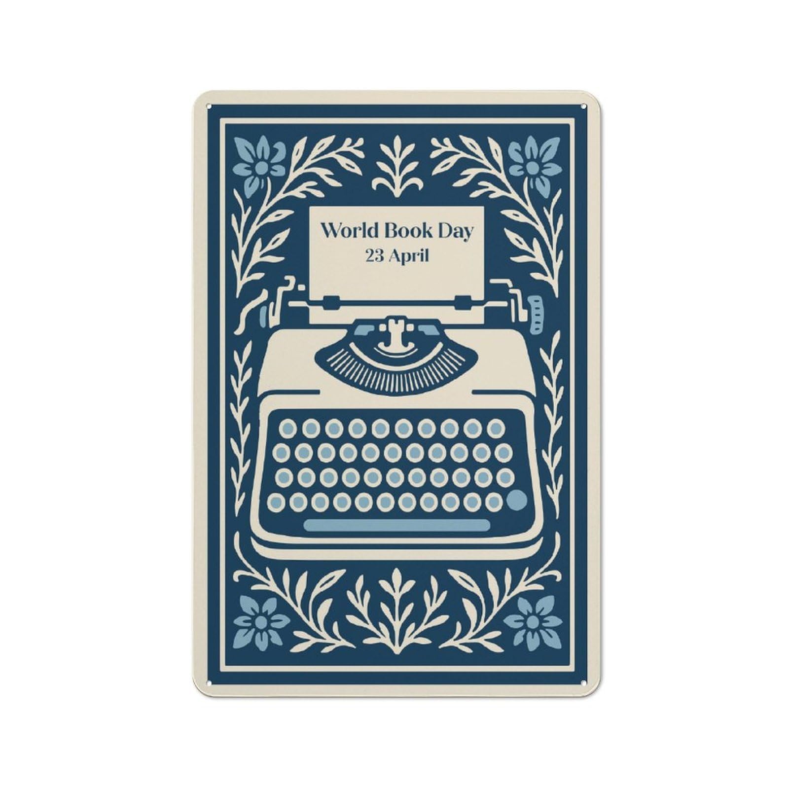 Tin Sign with World Book Day Typewriter Illustration Design 30x20cm, Creative Creative Space Decor for Home Office, Reading Corner Or Bedroom