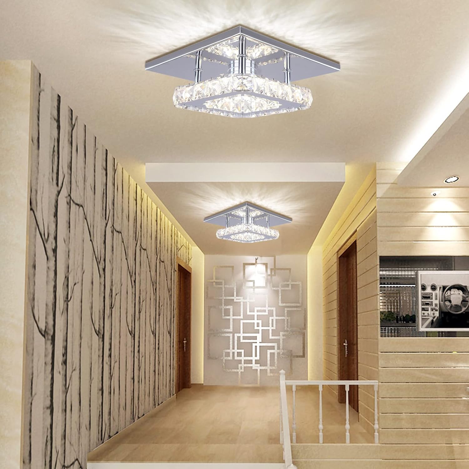 Crystal Ceiling Light Flush Mount, 7.87 Inch Square Chrome K9 Crystal Ceiling Lamp, 3000K Warm LED Ceiling Fixture for Bedroom Hallway Dining Room Entryway