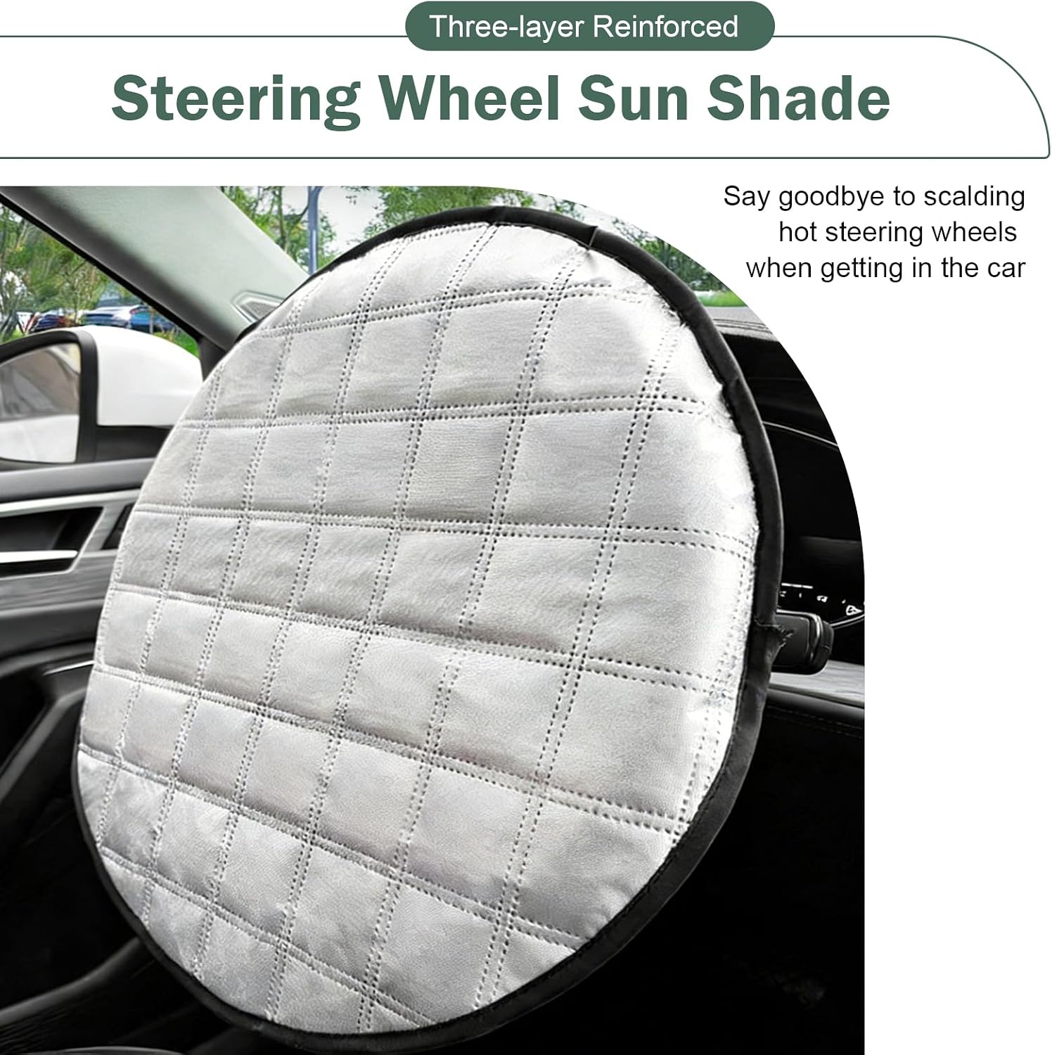 Car Steering Wheel Sunshade, 16.93" Anti-Heat Steering Wheel Protector, 3-Layer Thickened Design, Aluminum Film Car Sun & Heat Block Cover, Universal for Most Cars (Silver)