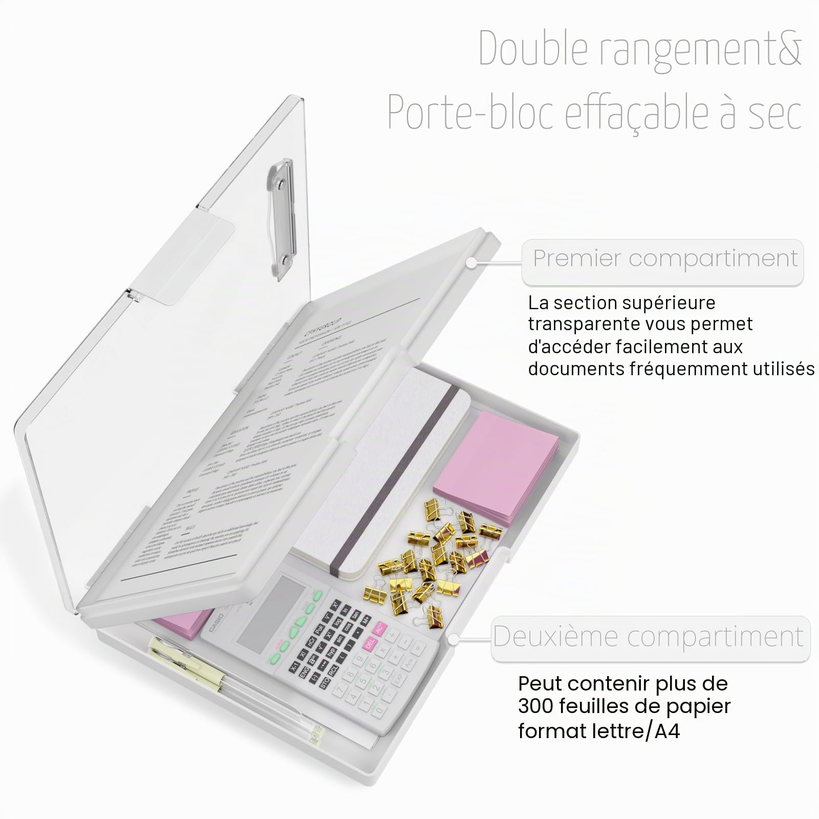 Porte-bloc avec rangement, porte-bloc d'allaitement avec ouverture latérale, porte-bloc robuste avec boîte de rangement à double compartiment, écriture lisse pour le travail, Blanc