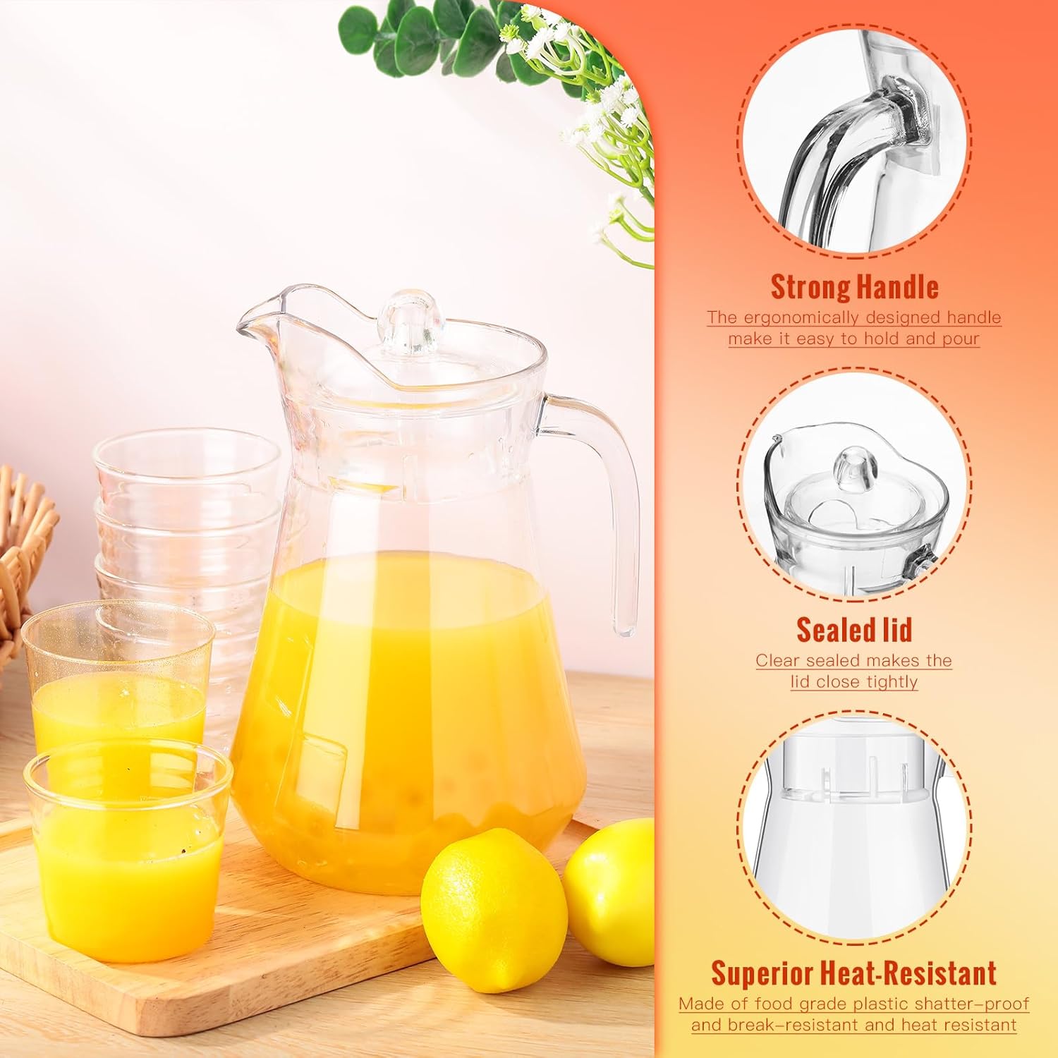 4 Pcs Plastic Pitcher with Lid and Handle Clear Plastic Water Pitcher Shatter Proof Jugs for Drinks Fridge Iced Tea Juice Milk Lemonade Sangria Cold or Hot Beverages (50 oz)