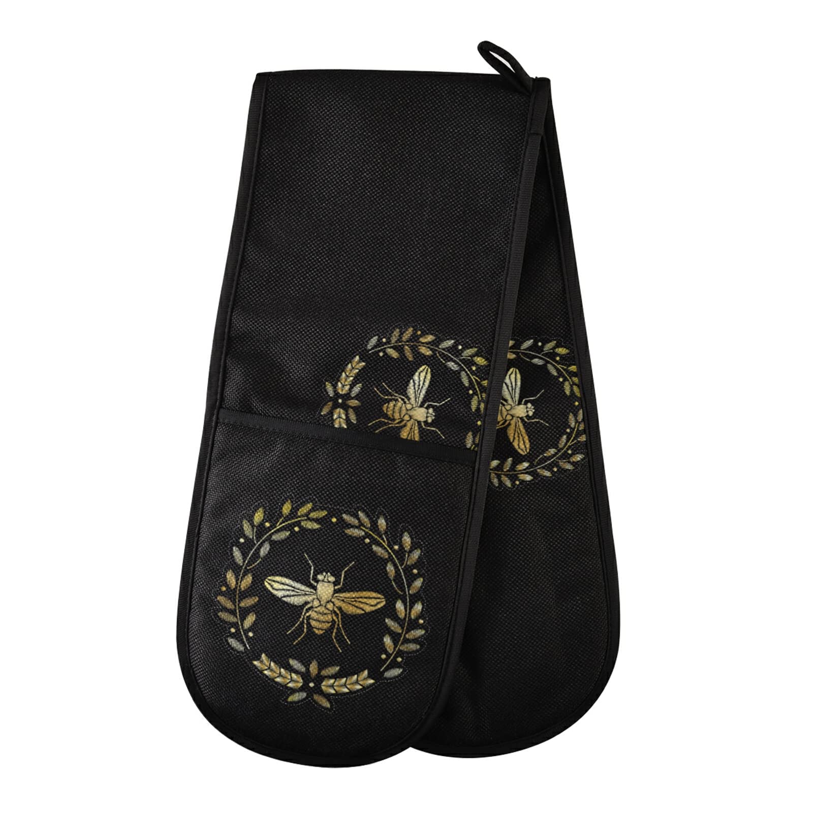 Poeticcity Multi 4 Embroidery Heraldry With Yellow Gold Bee Golden Bee On Black Dark Double Oven Mitt Gloves Extra Long Potholder High Heat Resistant For Baking Cooking Baking Grilling Handling Hots Pans 35"X7"