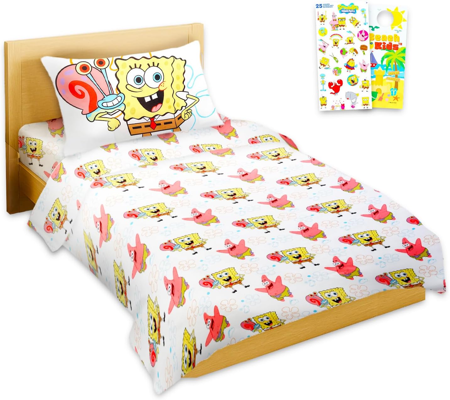 Nickelodeon Spongebob Sheet Set - Bundle of Underwater Vibes Bedding Including: Flat Sheet, Fitted Sheet, & Pillowcase for Twin Bed Plus Stickers, More for Kids