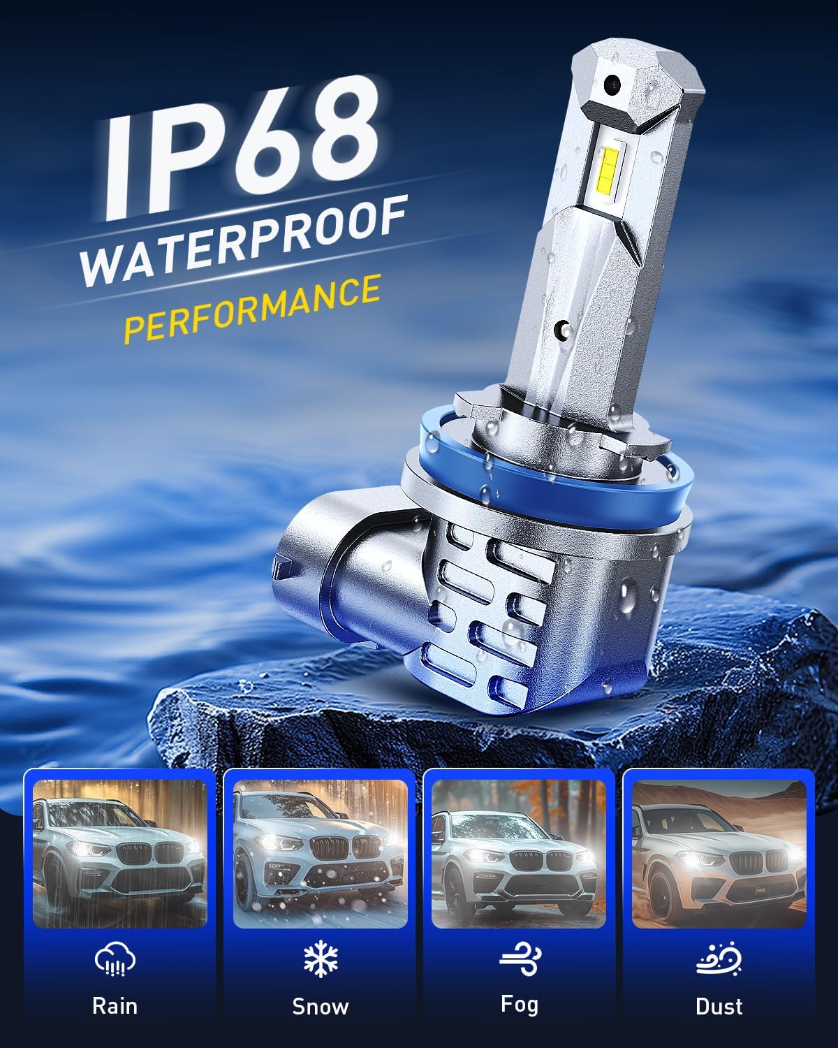 AUTOONE H11/H9/H8 9005/HB3 LED Bulbs Combo, 80000LM 900% Brighter H11 9005 White 6000K Fog Lights Canbus, 10YR Lifespan, Pack of 4