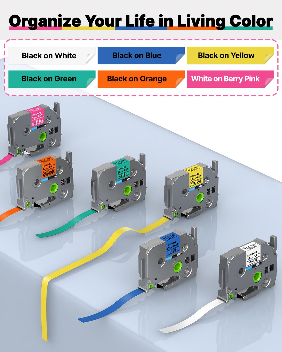 Repuesto para Brother P Touch Label Maker Tape TZe TZ Tape de 12 mm 0.47 repuestos laminados de colores para PT-D210 D220 H110 D400 D410, blanco/azul/amarillo/verde/naranja/rosa baya, paquete de 6
