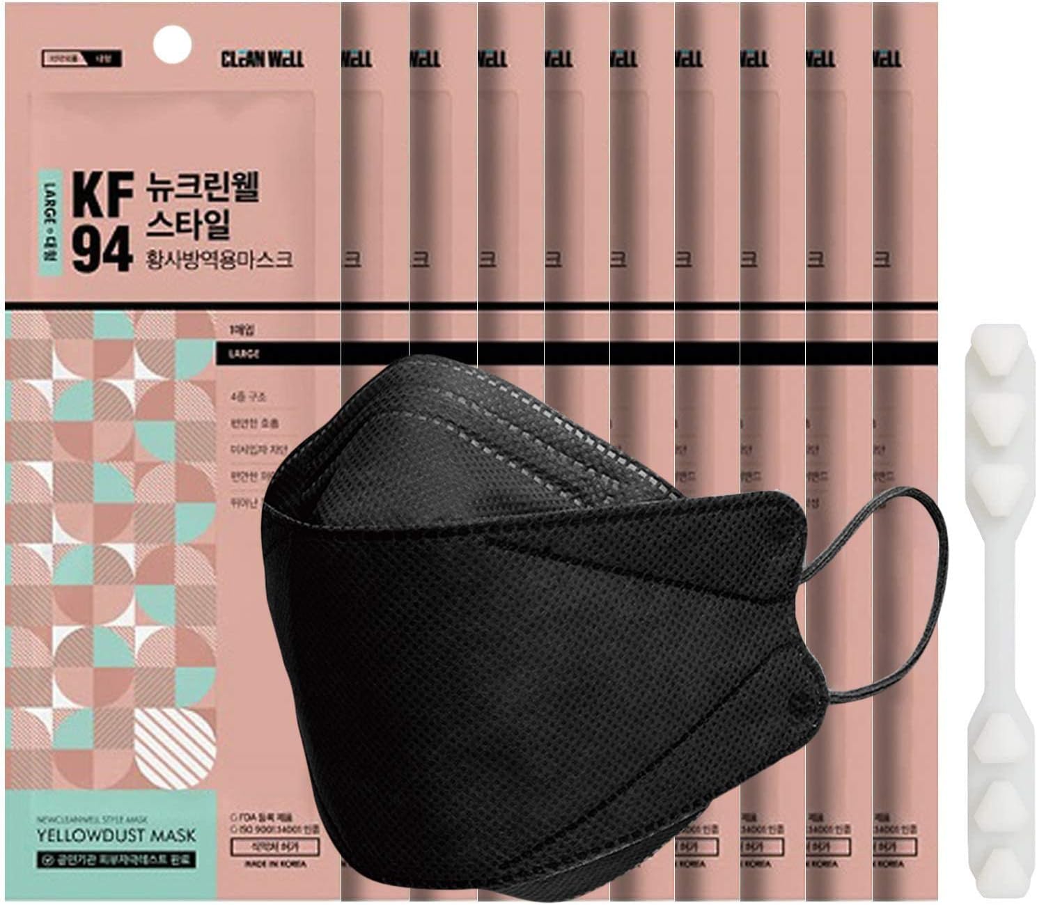 [BLACK MASK][CLEAN WELL][10 Pack] ::KF94 Certified:: 4-Layers Face Safety Mask for Adult [Individually Packaged][Made in Korea] + 1 Silicone Ear Saver (White)