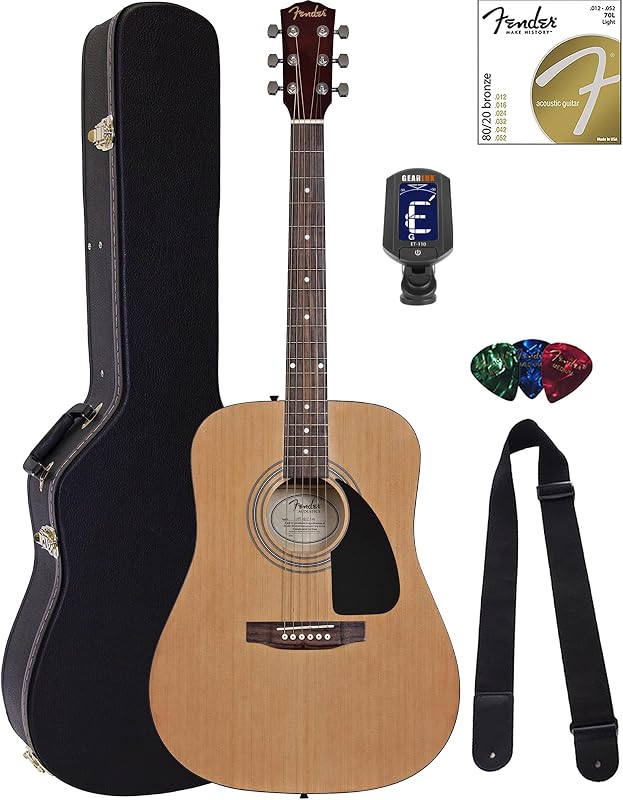 Fender FA-115 Dreadnought Acoustic Guitar - Natural Bundle with Hard Case, Tuner, Strings, Strap, and Picks