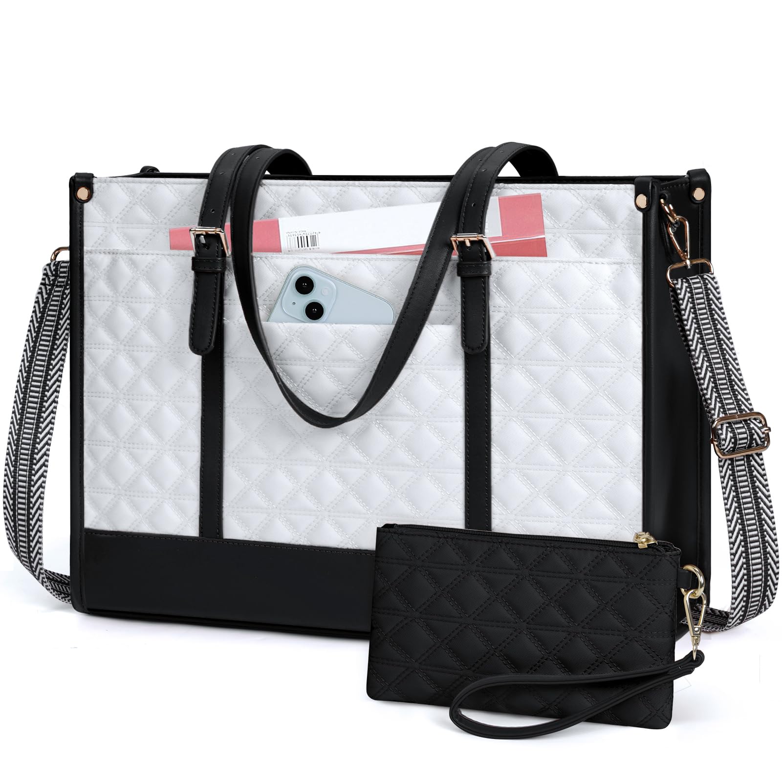 IGOLUMON Laptop Bag for Women 15.6 Inch Vegan Leather Work Tote Bag Quilted Womens Briefcase Designer Laptop Bags for Office Teacher College Cute Computer Bag with Purse Professional Black with White