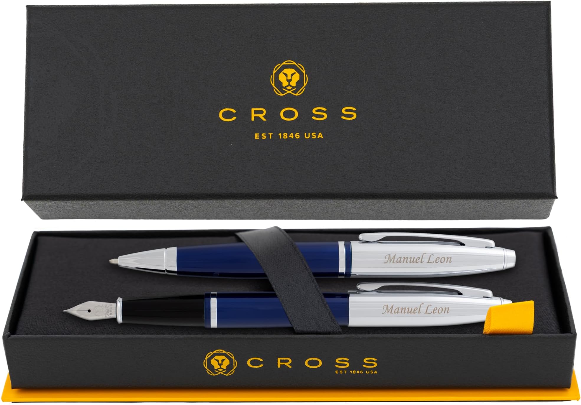 Engraved Cross Pen Set | Personalized Cross Calais Ballpoint and Fountain Pen Set with Case - Blue Lacquer with Chrome Appointments. Custom Engraved Gift With Your Name