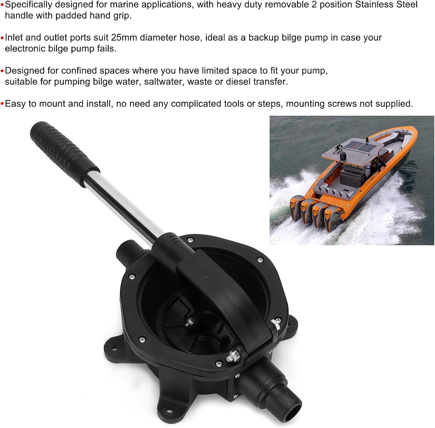 Handmembranpumpe, manuelle Marine-Membran-Bilgenpumpe, 45 l/min/720 GPH, Edelstahlgewinde, Rutschfester Griff zum Pumpen von Bilgenwasser