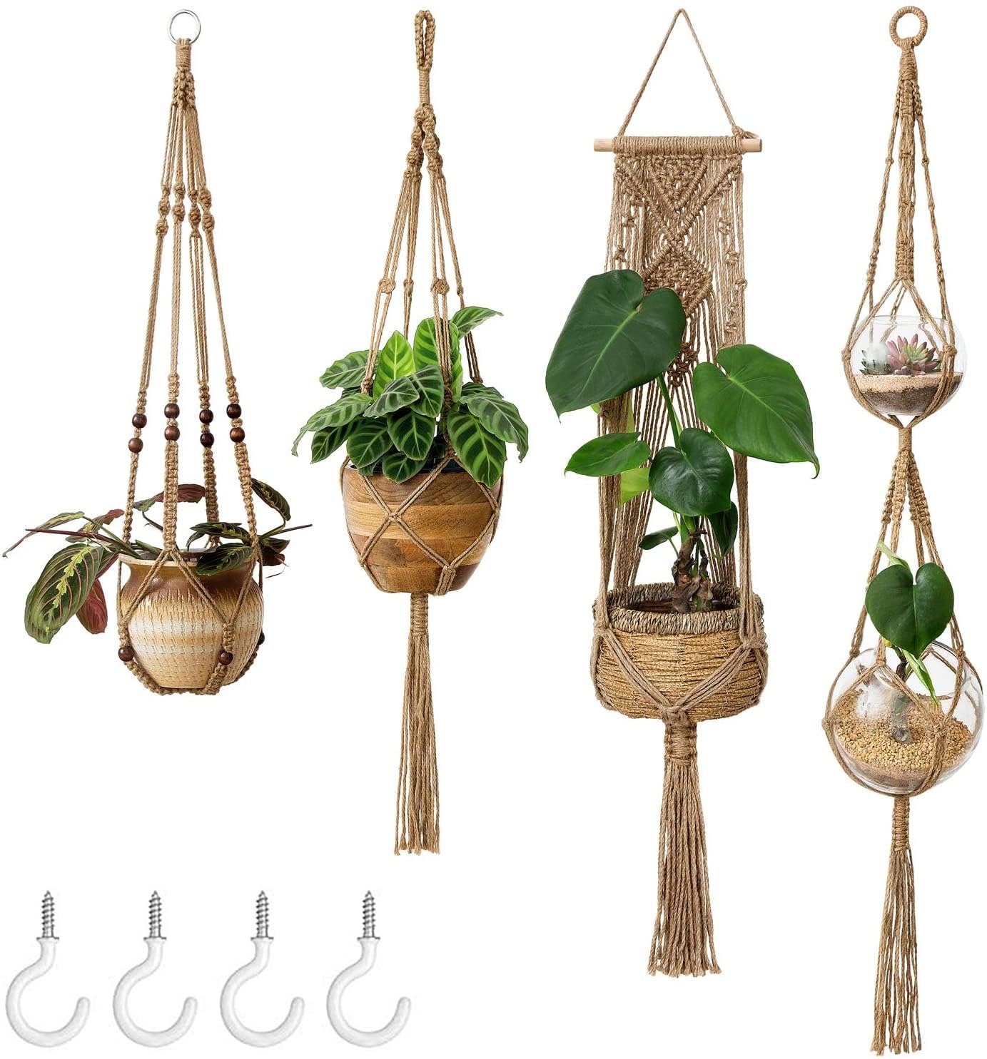 Mkouo Blumenampel Makramee Pflanzenhalter Set of 4 Indoor Wandbehang Pflanzer Korb Blumentopf Halter Boho Home Decor Geschenkbox, Braun