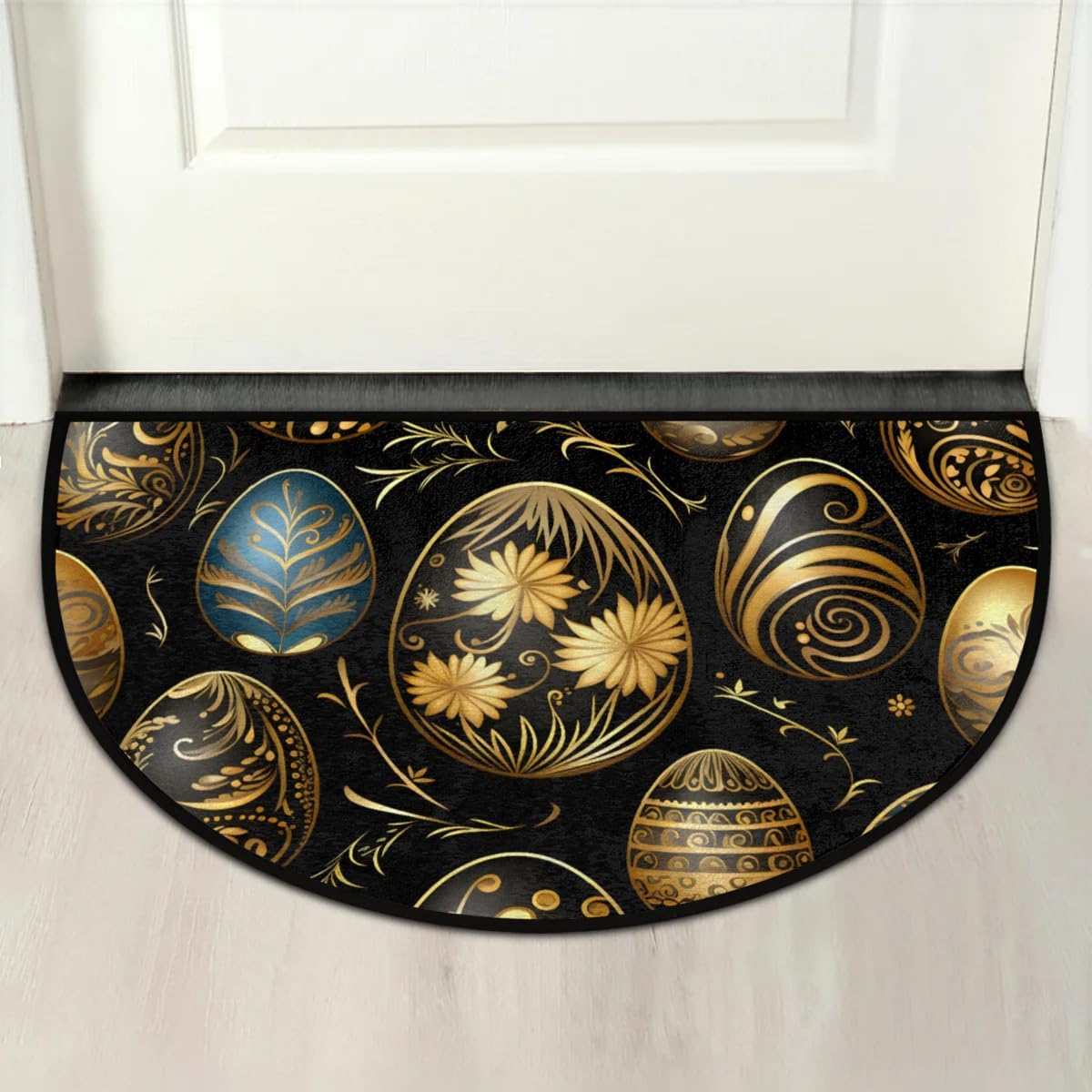Half Round Door Mat Flower Floral Black Easter Egg Non-Slip Semi Circle Area Rug Washable Half Moon Hearth Rugs for Indoor Outdoor Bathroom Kitchen Patio Runner Mat Laundry Room Home Decoration