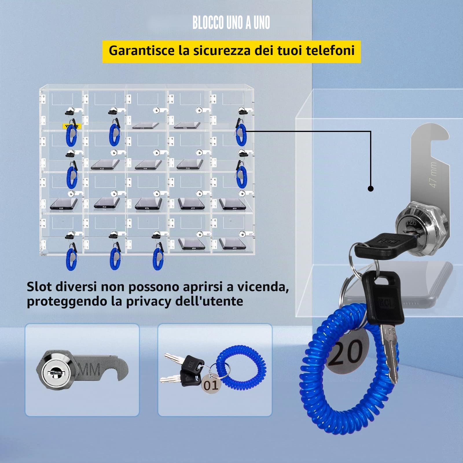 VEVOR Armadietto per Cellulare con 20 Scompartimenti Materiale Acrilico con Serrature e Chiavi, Armadietto da Parete per Ufficio Aula Palestra, Cassetta Deposito Oggetti, Acrilico Trasparente