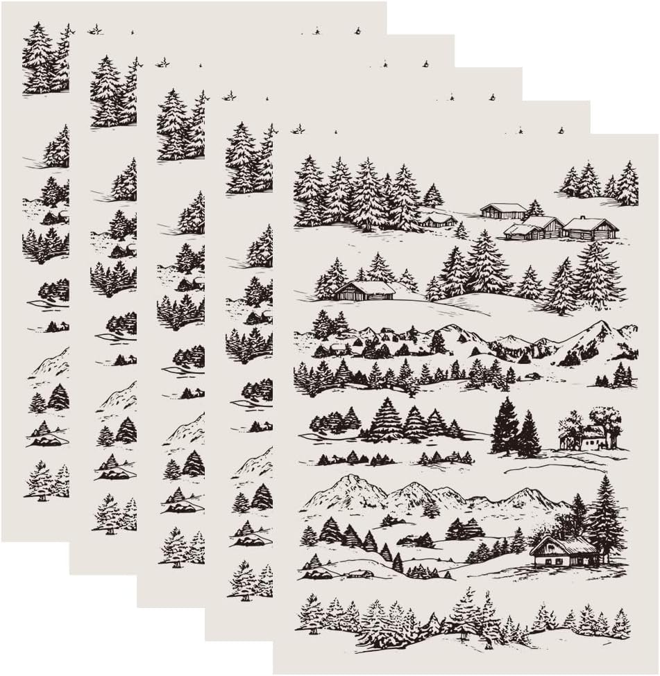 4Pcs Ceramic Decal Transfer Paper Sheets Decals for Porcelain Black Mountain Trees Pattern Waterslide Underglaze Stickers for Ceramic Pottery Clay Crafts Enamel Decoration 21 x 15 Inch
