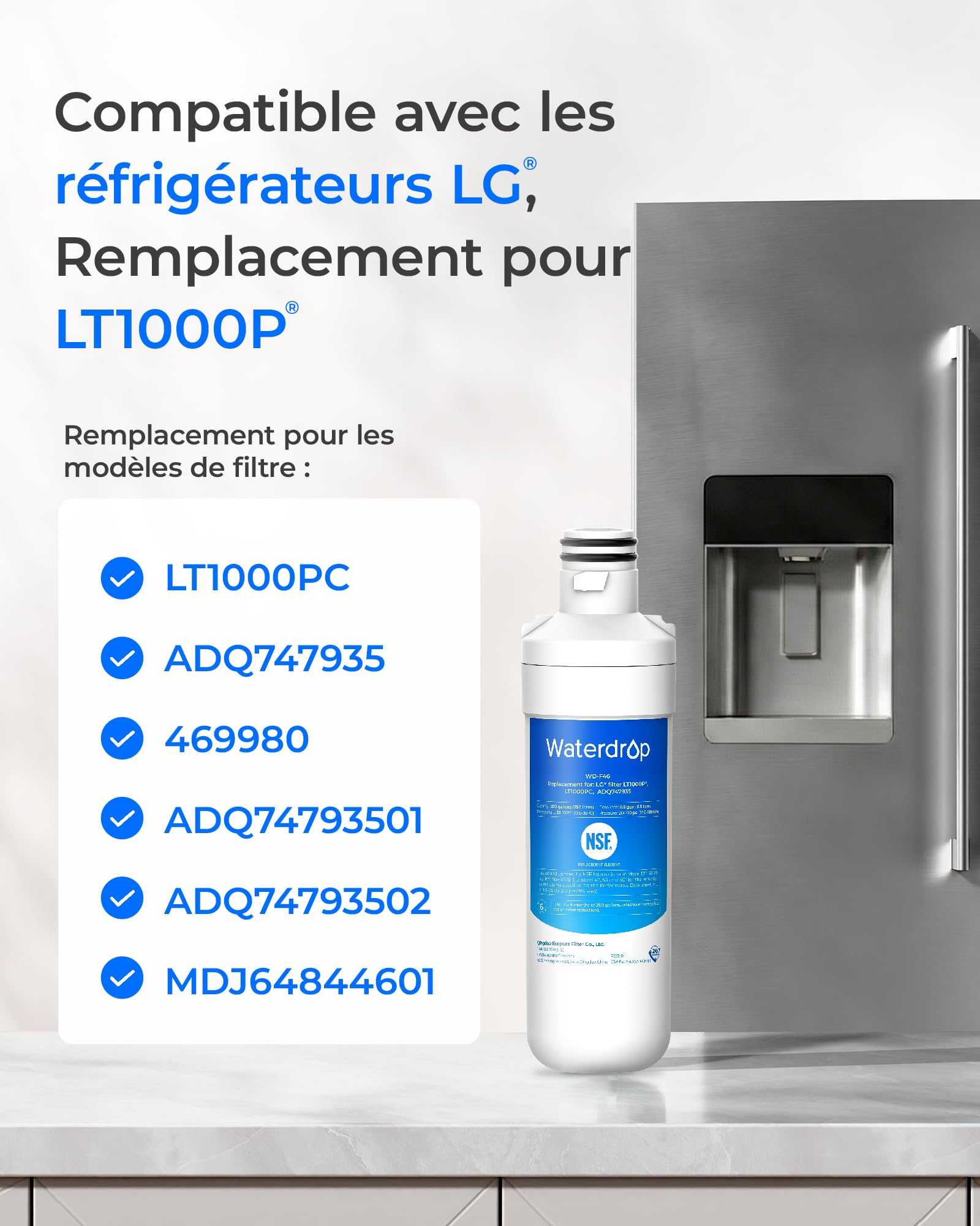 Waterdrop WD-F46 Filtre à eau pour réfrigérateur, compatible avec LG® LT1000P®, ADQ74793501, ADQ74793502, 46-9980, 9980, adapté à des modèles tels que LFXC24796S, LSFXC2496D, certifié NSF, 2 pièce