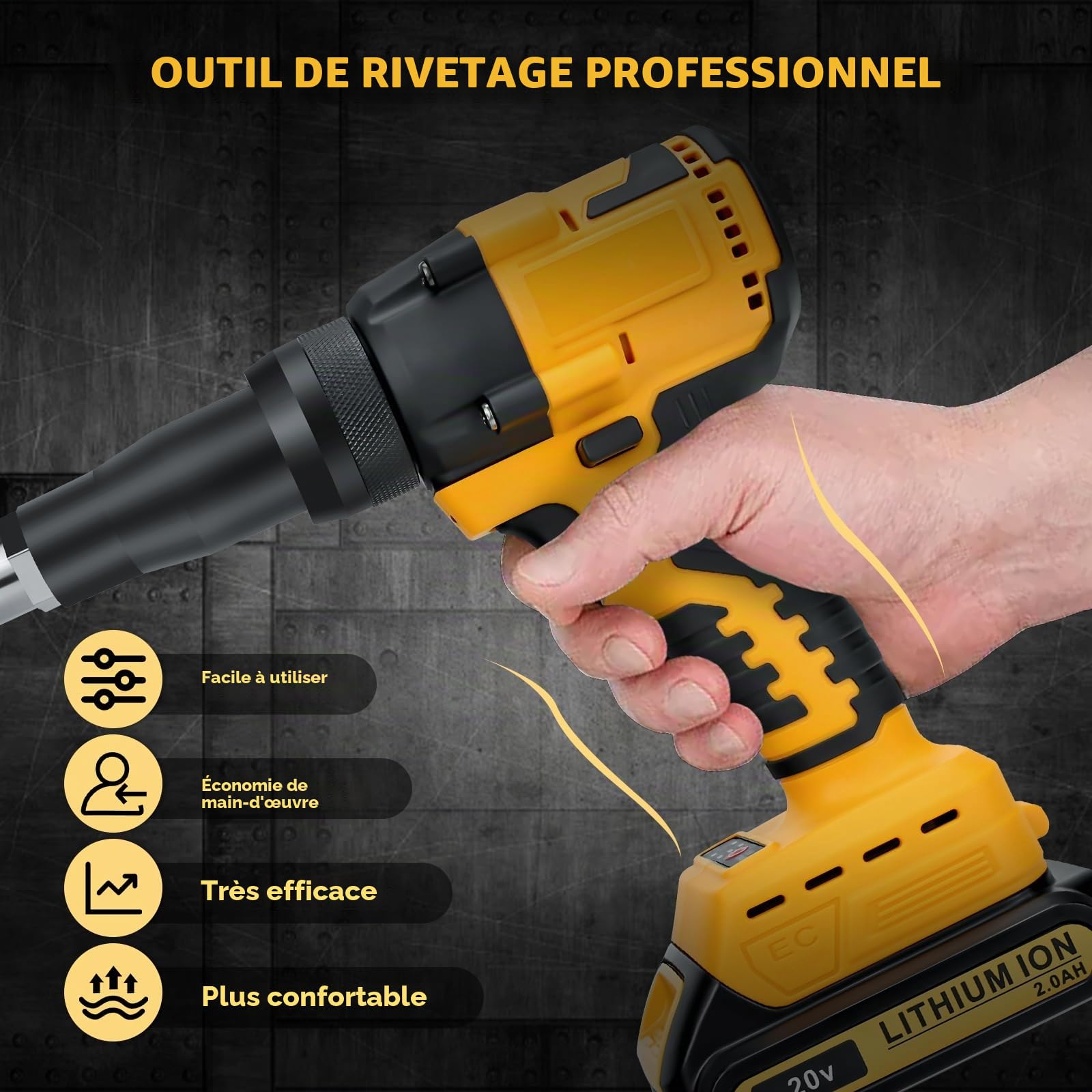 Pistolet à riveter professionnel pour Dewalt 20 V - Pistolet à riveter électrique haute performance pour métal, plastique, cuir (piles non incluses)