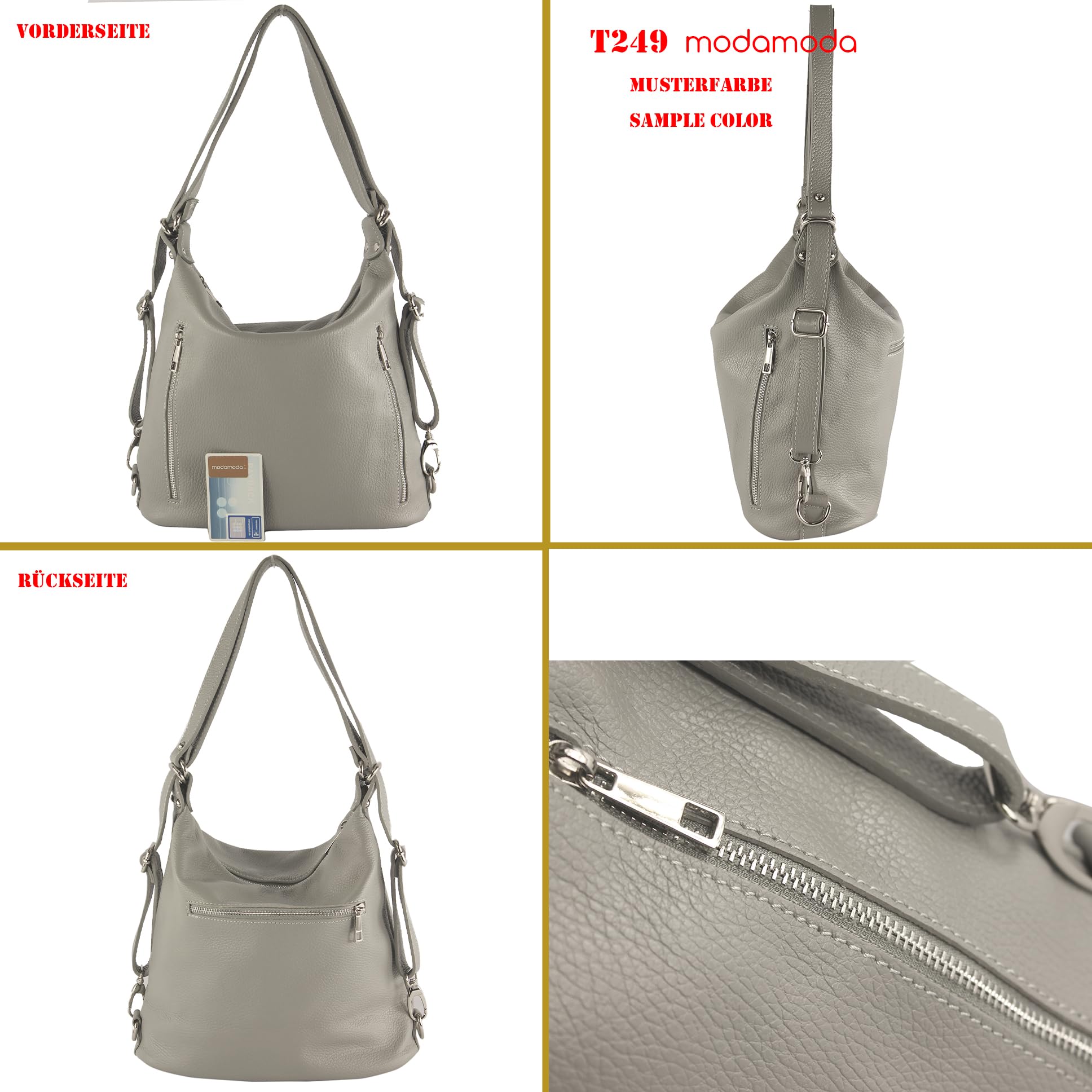 modamoda de T249 Damen Leder Rucksack Schultertasche 2in1, handmade in Italy