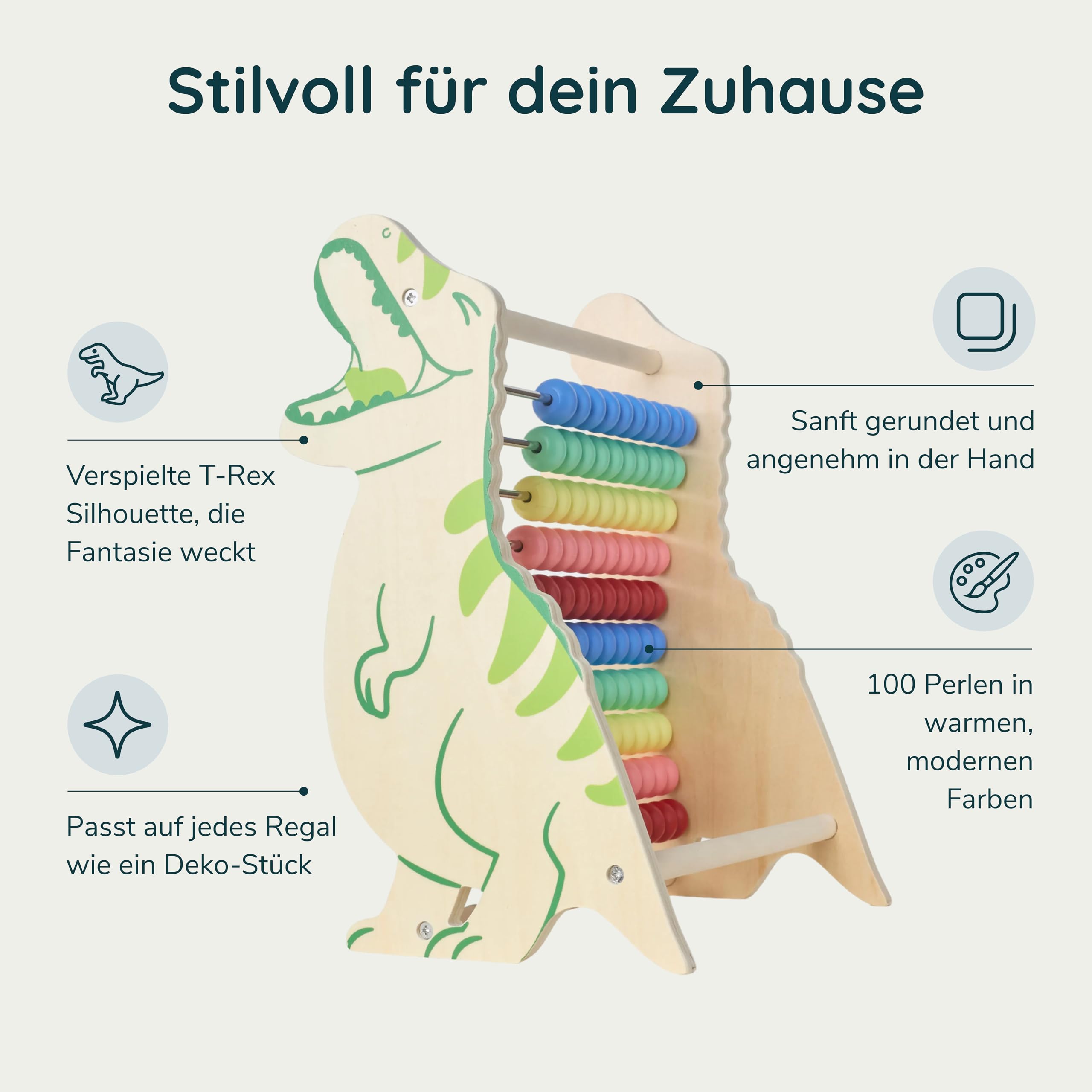 Twig & Leaf Rechenschieber für Kinder aus Holz, Dinosaurier Abakus Montessori Spielzeug zum Rechnen & Zählen Lernen, Zählrahmen 1. Klasse & Vorschule, Nachhaltiges Lernspielzeug aus Holz & Metall